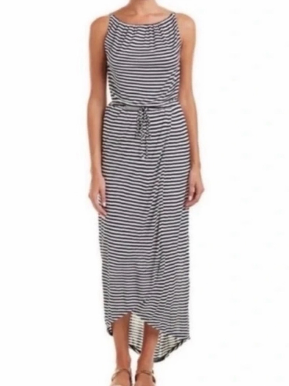 CAbi 5105 Navy White Boat Stripe Maxi Dress Size Small Nautical Coastal Rayon